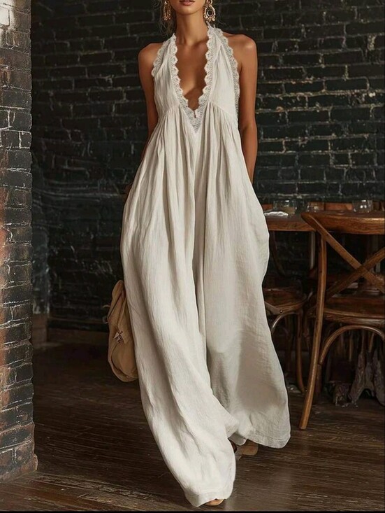 Pants - Women's Woven Casual Women's Wide-Leg Summer One-Piece Pants